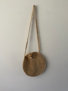 Natural Tan Woven Crochet Coastal Boho Vacation Resort Round Shoulder Bag